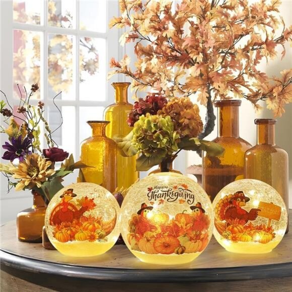 Thanksgiving Table Decorations, Set of 3 Turkey Sparkling Crackle Glass Ball - Picture 4 of 7
